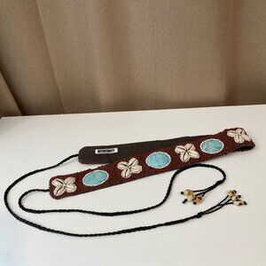 Betty Belts Beaded Shell Belt w/ Turquoise Stone & Long Tassels 29"